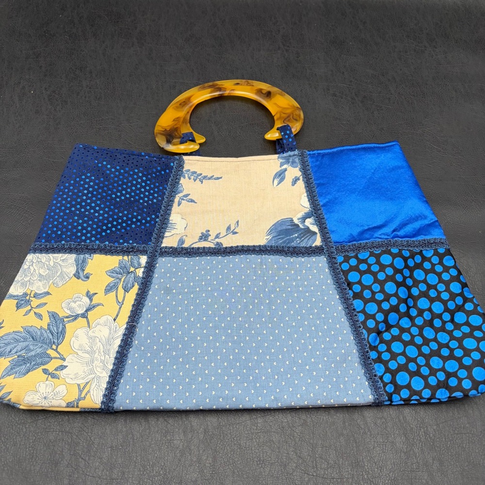 Handmade Patchwork Tote Bag Blue Yellow Floral Sequin Tortoiseshell Handle OOAK